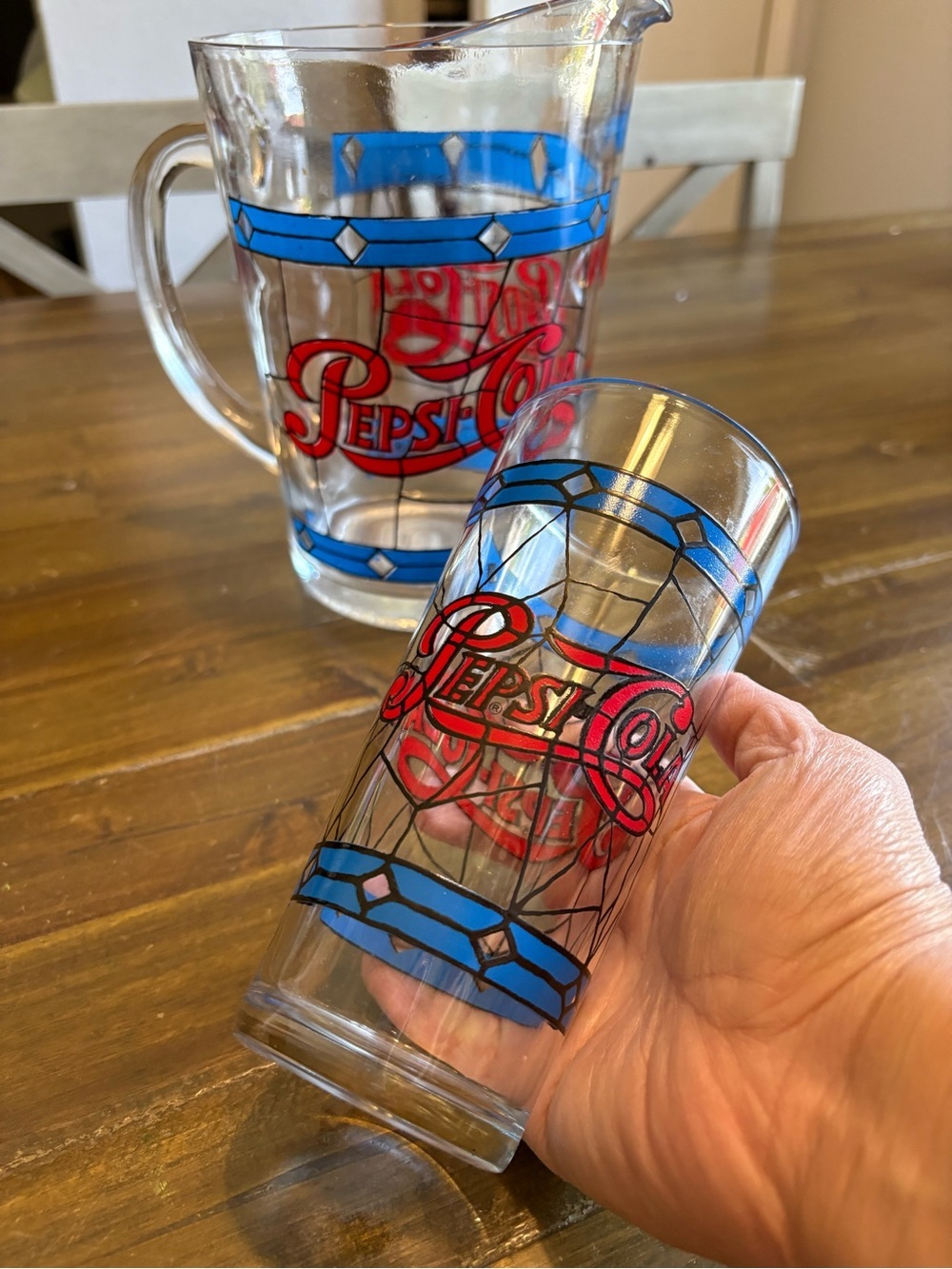 Vintage PEPSI COLA Pitcher and 1 Glass Tiffany Style Stained Set Drinkware Logo